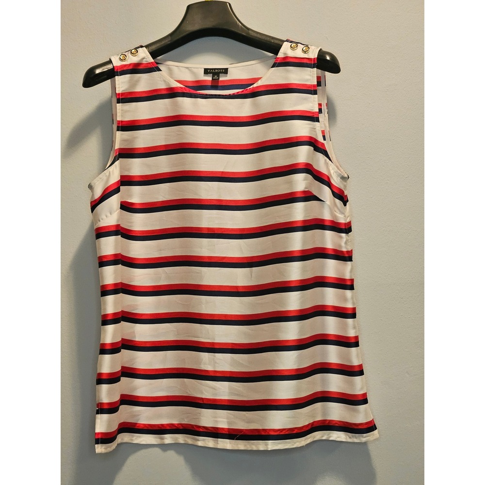 Talbots Womens Red Navy White Striped Sleeveless Top Gold Button Shoulder Medium